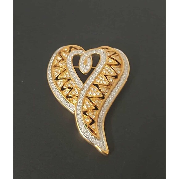 Jewelry - Heart Shape Ribbon Clear Rhinestone Vintage Pin Brooch Goldtone #0200